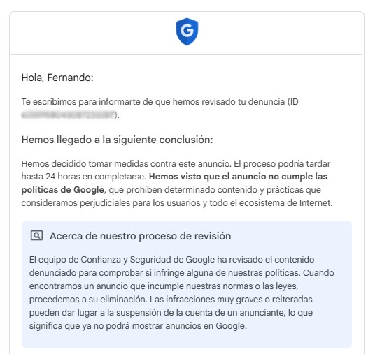 Ejemplo denuncia Google